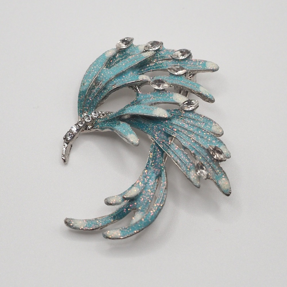 Vtg Phoenix Brooch Blue Enamel Glitter Rhinestone Silver Tone Figural Bird Pin